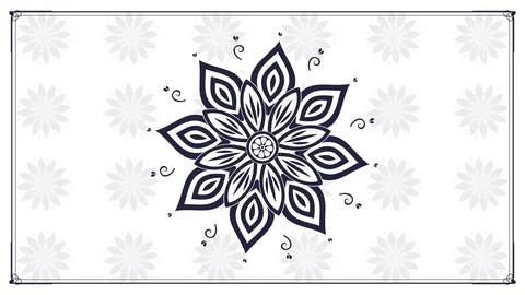 A white horizontal frame contains a compact navy mandala of pointed petals .. Stockillustratie