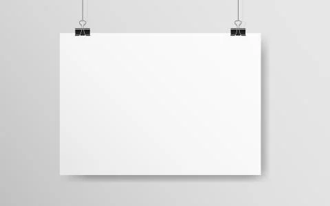 White horizontal poster mockup. Empty A4 paper hanging on a wall. Light blank on Stock Illustration
