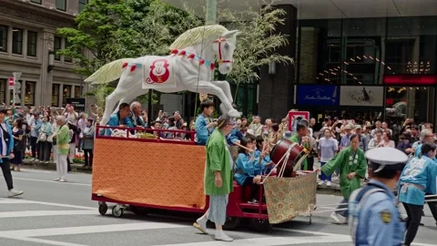White Horse Float Crosses Intersection, Sanno Matsuri Shitamachi Rengo Togyo Stock Footage 340210127
