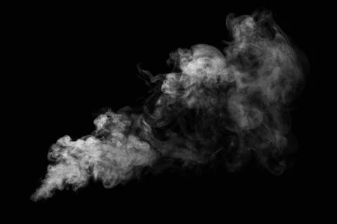 White hot curly steam smoke isolated on black background, close-up. Stock Photos