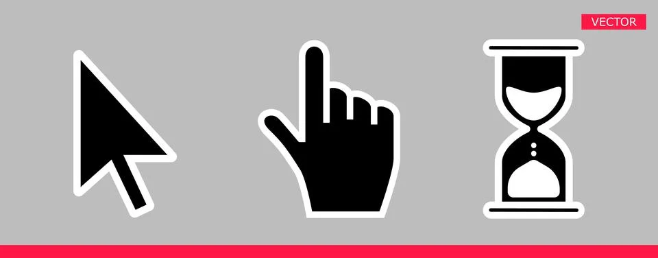 White hourglass loading clock, pointer hand and arrow mouse cursors. Illustrazione stock