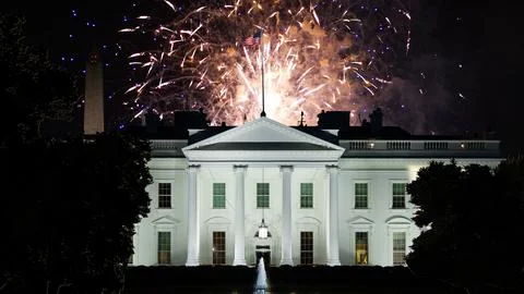 The White House in Washington DC at Night with Fireworks Stock Photos
