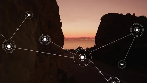 White HUD node appearing, nodes expanding and linking across canyon, showing 動画素材 334203003