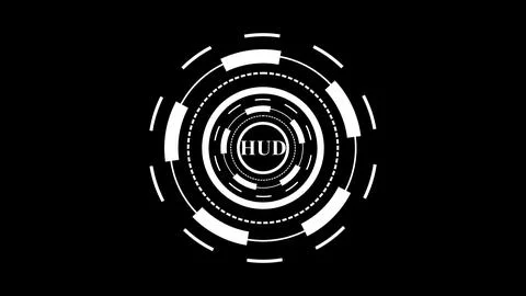 White HUD text inside a complex rotating circular digital interface on a bl.. 스톡 일러스트