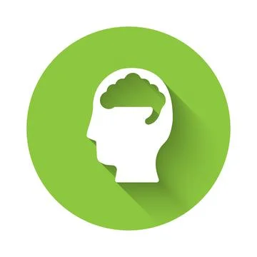 White Human brain icon isolated with long shadow. Green circle button. Vector Ilustración de archivo
