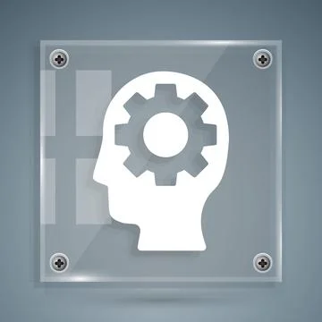 White Human head with gear inside icon isolated on grey background. Artificial Illustrazione stock