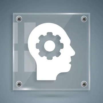 White Human head with gear inside icon isolated on grey background. Artificial Illustrazione stock