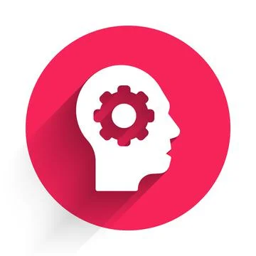 White Human head with gear inside icon isolated with long shadow. Artificial Stock Illustration