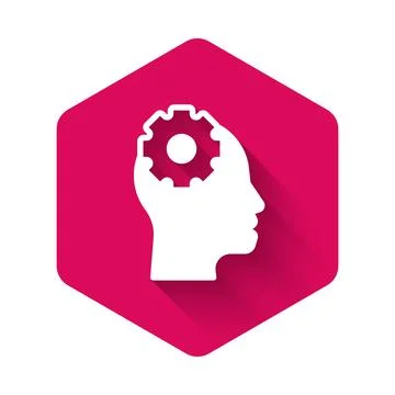 White Human head with gear inside icon isolated with long shadow background Stock Illustration