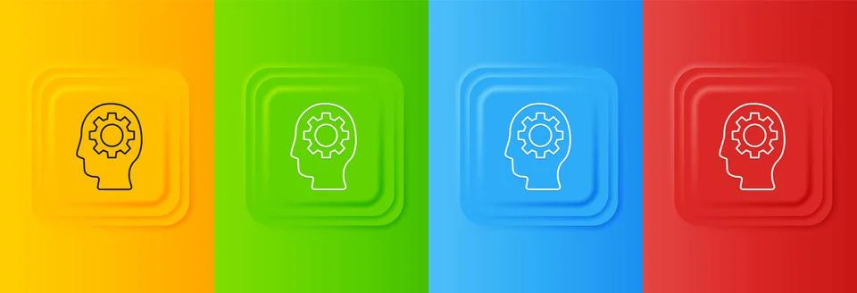 White Human head with gear inside icon isolated on colorful background. Art.. Stock Illustration