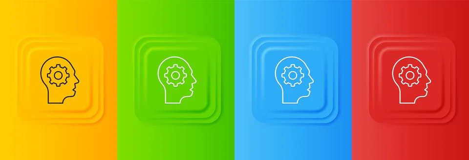 White Human head with gear inside icon isolated on colorful background. Art.. Stock Illustration