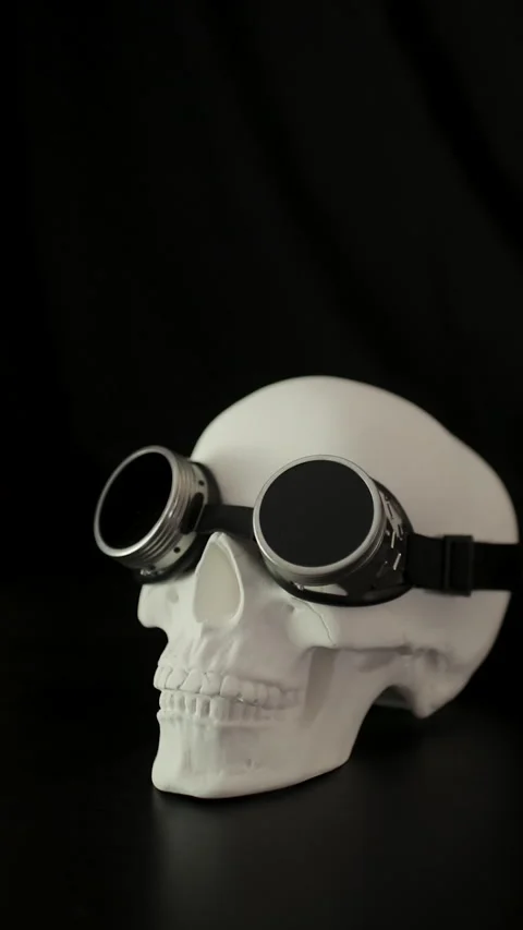 White human skull with steampunk goggles on a black background. Vertical video. Stock Footage 293786386