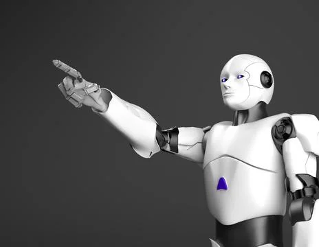White humanoid robot points a finger,3d render. Illustrazione stock