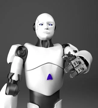 White humanoid robot points a finger,3d render. Illustrazione stock