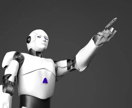 White humanoid robot points a finger,3d render. Illustrazione stock