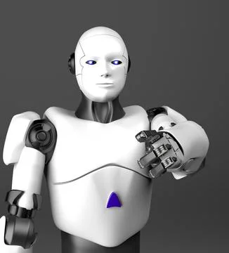 White humanoid robot points a finger,3d render. Stock Photos