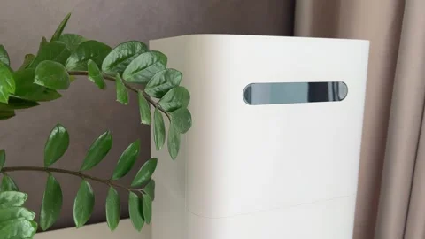 White humidifier in interior, air purification and healthy Stock Footage 304879560