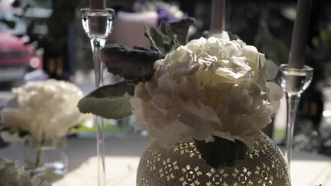 White hydrangea flower in a beautiful vase that stands on a table in the sun. Stock Footage 130266680