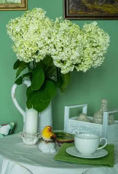 White hydrangea flowers in a jug on the table Stock Photos
