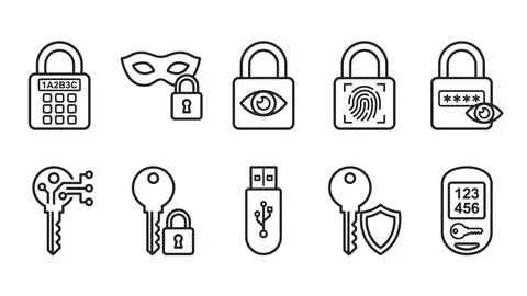White icons for cybersecurity, encryption, and identity verification systems. Stock Illustration