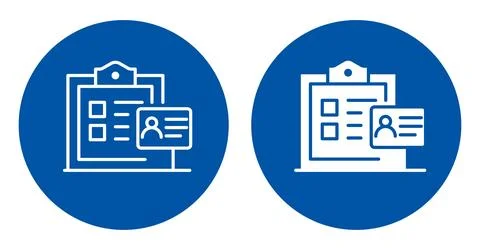 White icons of document clipboard with user profile on blue background Stockillustratie