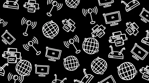 White icons float over black background, symbolizing digital connectivity 库存影片 332153833