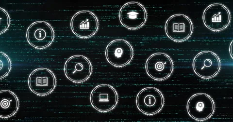 White icons starting drifting into view over code background, sliding into Video stock 312481914