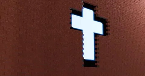 White illuminated cross embedded in a red brick wall on dark background sym.. Illustrazione stock