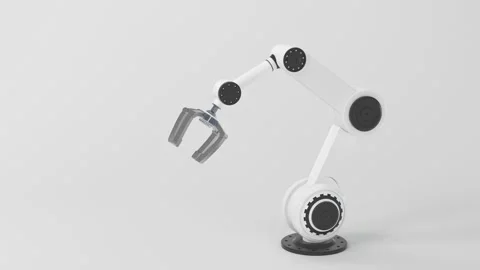 White industrial robotic arm moving in minimal white studio space with thre.. Stock Footage 332390991