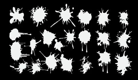 White ink splashes and paint drops set on black background for design elements Illustrazione stock