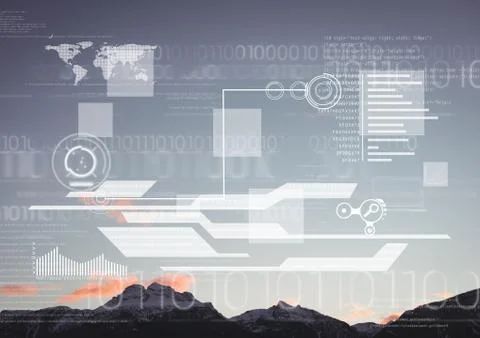 White interface against mountain tops and sky Stock Photos