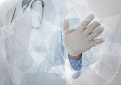 White interface with flare in front of doctor with hand out against blurry Fotos Stock
