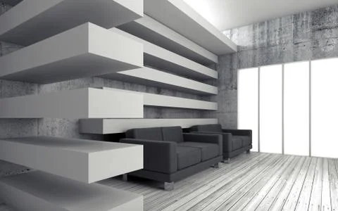 White interior with  black leather sofas, 3d 库存插图