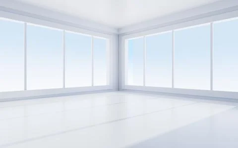 White interior building with windows, 3d rendering. Ilustración de archivo