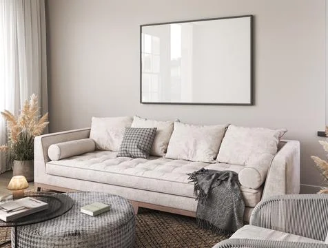White interior design with light beige sofa, scandi decor and dry grass in Illustrazione stock