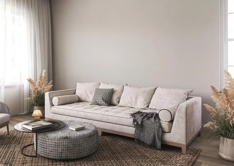 White interior design with light beige sofa, scandi decor and dry grass in Stock-Illustration