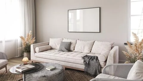 White interior design with light sofa, scandi decor and dry grass in modern Ilustración de archivo