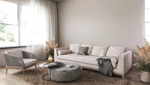 White interior design with light sofa and armchair. Boho carpet and window with Illustrazione stock