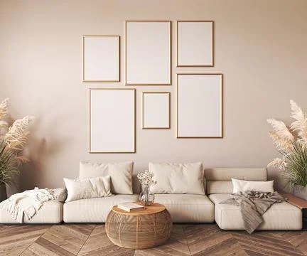 White interior design with light sofa,wooden furniture and dry plants in modern Stock Illustration