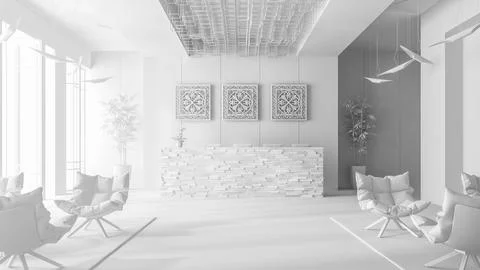 White Interior of a hotel spa reception 3D illustration Stock Illustration