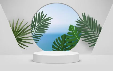 White interior with podium and circle window with landscape and leaves. Eco.. Stock-Illustration