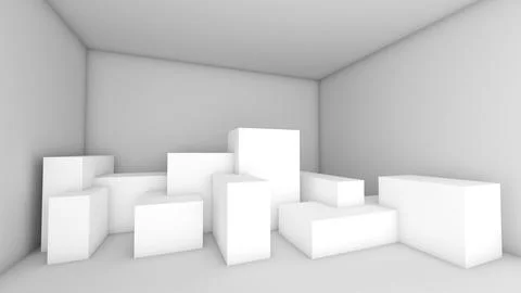 White interior structure of various structural boxes and empty space. 3D re.. Illustrazione stock