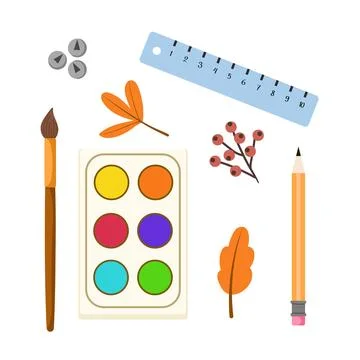White isolated flat vector with colorful set of objects for school or office. Stock Illustration