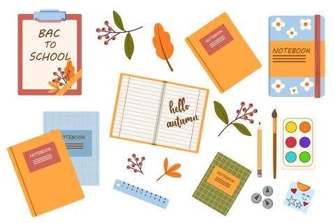 White isolated flat vector with colorful set of objects for school or office. Stock Illustration