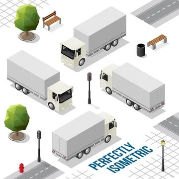 White Isometric Big Truck from the Front Back Right and Left Views Stock Illustration