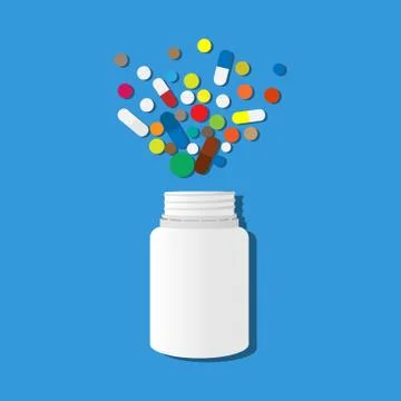 White jar with scattered multi-colored pills on a blue background. Medical th Stock Illustration