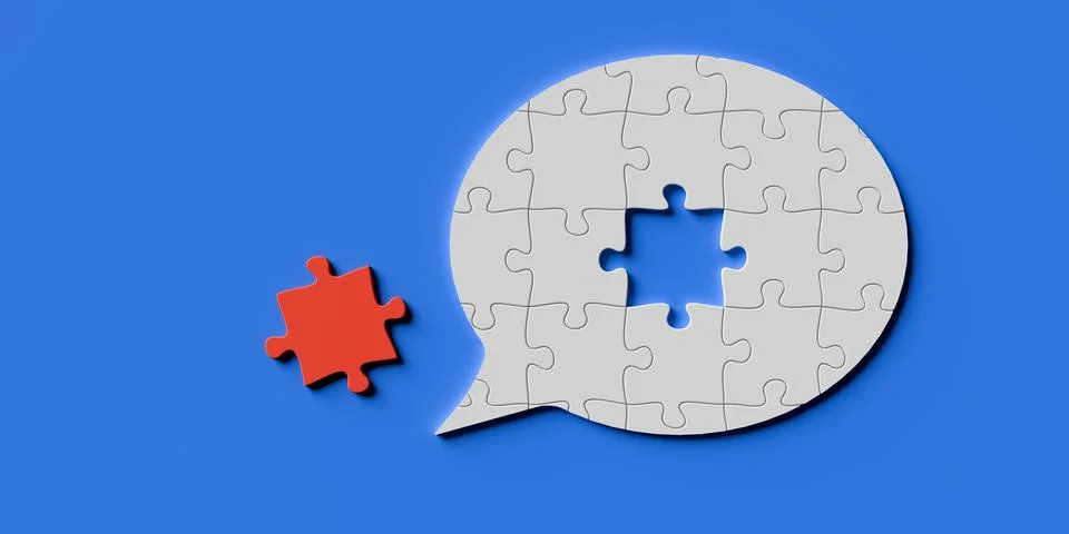 White jigsaw puzzle speech bubble with one red piece next to it over blue b.. Stock Illustration