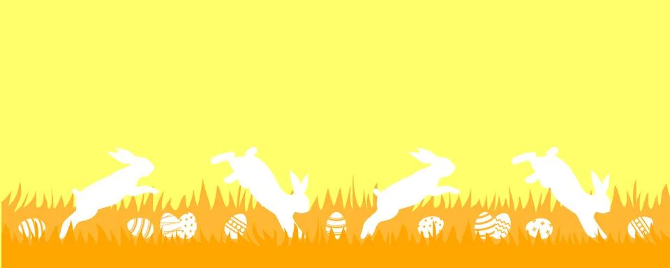 White jumping rabbits and Easter eggs in orange grass on a yellow background Stock Illustration