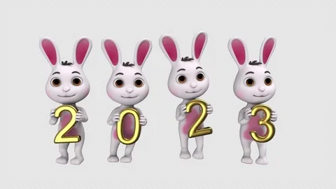 White jumping rabbits with gold figures of 2023 year - looped alpha channel. Stock Footage 195870321