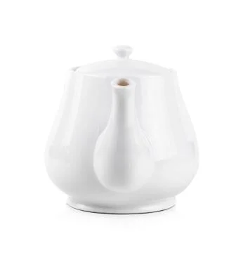 White kettle on white background. Front view of ceramic teapot . Stock Photos